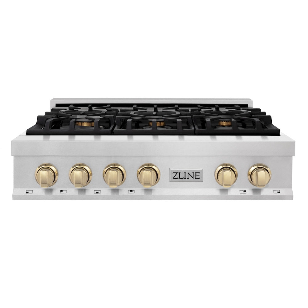 ZLINE Autograph Edition 36 in. Legacy Gas Rangetop with 6 Burners and Porcelain Cooktop in Satin Stainless Steel with Polished Gold Accents (RTSZ-36-G)