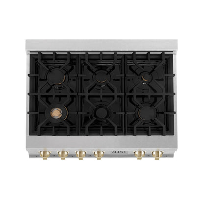 ZLINE Autograph Edition 36 in. Legacy Gas Rangetop with 6 Burners and Porcelain Cooktop in Satin Stainless Steel with Polished Gold Accents (RTSZ-36-G)