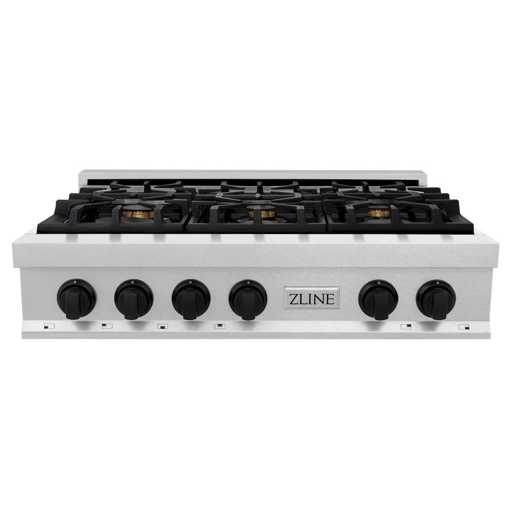 ZLINE Autograph Edition 36 in. Legacy Gas Rangetop with 6 Burners and Porcelain Cooktop in Satin Stainless Steel with Matte Black Accents (RTSZ-36-MB)