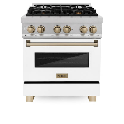 ZLINE Autograph Edition 30 in. 4.0 cu. ft. Legacy Dual Fuel Range with 4 Burner Gas Cooktop and Electric Convection Oven in Satin Stainless Steel with White Matte Door and Champagne Bronze Accents (RASZ-WM-30-CB)