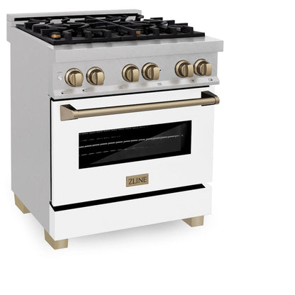 ZLINE Autograph Edition 30 in. 4.0 cu. ft. Legacy Dual Fuel Range with 4 Burner Gas Cooktop and Electric Convection Oven in Satin Stainless Steel with White Matte Door and Champagne Bronze Accents (RASZ-WM-30-CB)