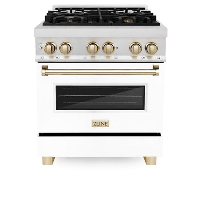 ZLINE Autograph Edition 30 in. 4.0 cu. ft. Legacy Dual Fuel Range with 4 Burner Gas Cooktop and Electric Convection Oven in Satin Stainless Steel with White Matte Door and Polished Gold Accents (RASZ-WM-30-G)