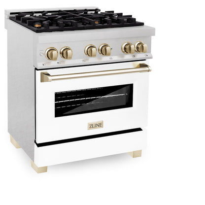 ZLINE Autograph Edition 30 in. 4.0 cu. ft. Legacy Dual Fuel Range with 4 Burner Gas Cooktop and Electric Convection Oven in Satin Stainless Steel with White Matte Door and Polished Gold Accents (RASZ-WM-30-G)