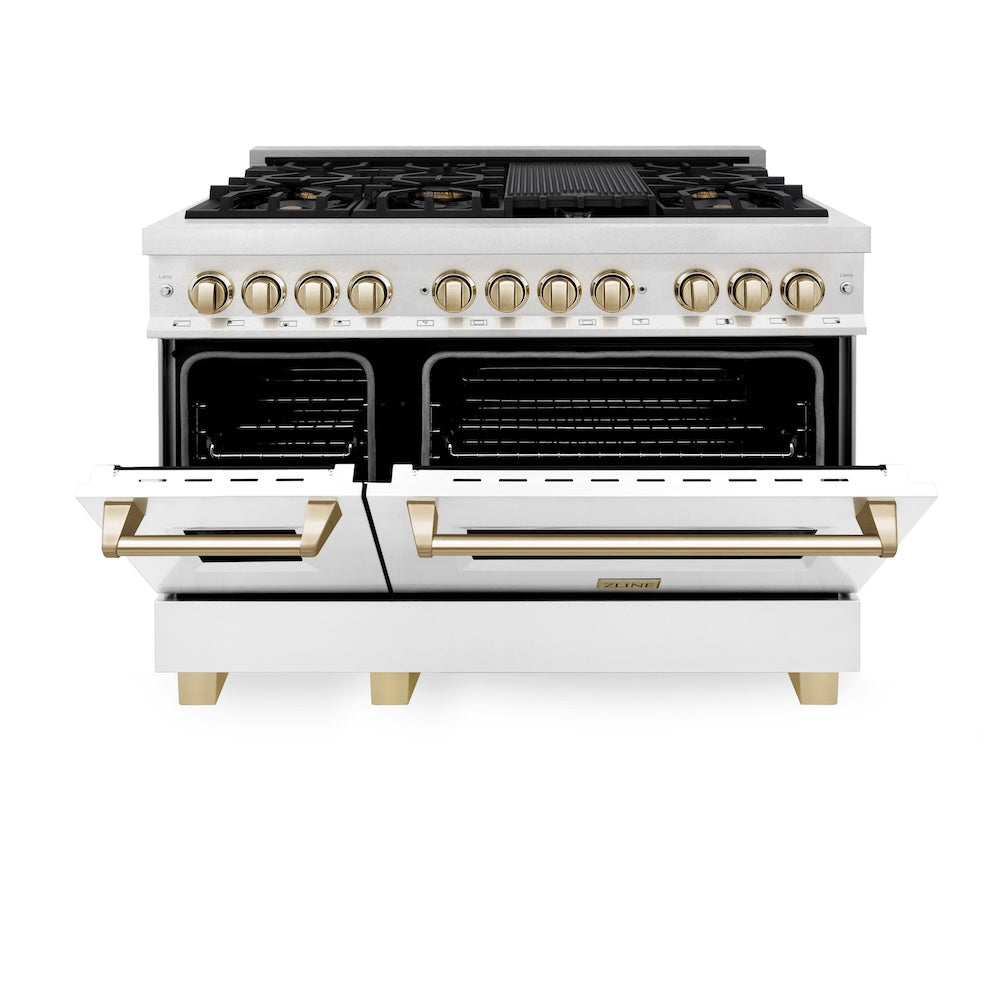 ZLINE Autograph Edition 48 in. 6.0 cu. ft. Legacy Dual Fuel Range with 7 Burner Gas Cooktop and 2 Electric Ovens in Satin Stainless Steel with White Matte Doors and Polished Gold Accents (RASZ-WM-48-G)