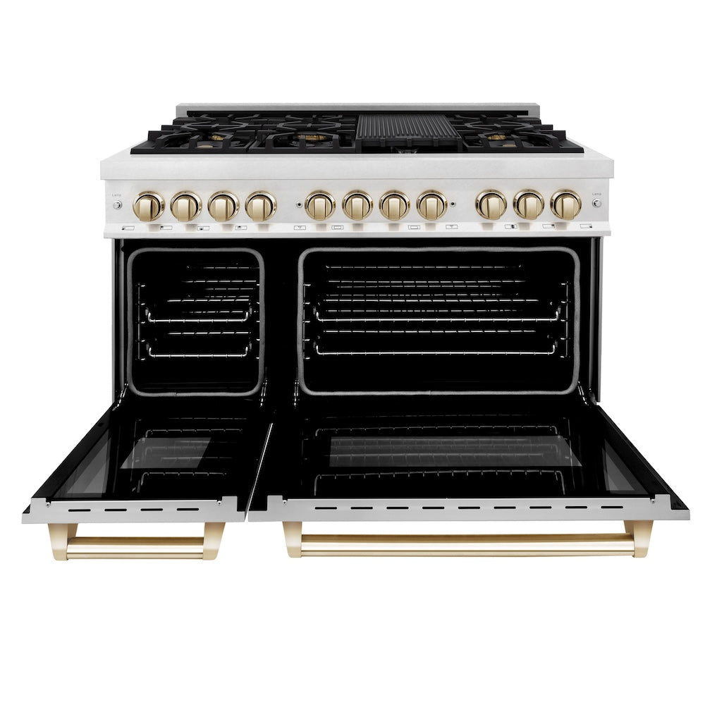 ZLINE Autograph Edition 48 in. 6.0 cu. ft. Legacy Dual Fuel Range with 7 Burner Gas Cooktop and 2 Electric Ovens in Satin Stainless Steel with White Matte Doors and Polished Gold Accents (RASZ-WM-48-G)