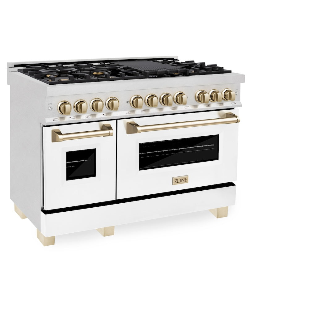 ZLINE Autograph Edition 48 in. 6.0 cu. ft. Legacy Dual Fuel Range with 7 Burner Gas Cooktop and 2 Electric Ovens in Satin Stainless Steel with White Matte Doors and Polished Gold Accents (RASZ-WM-48-G)