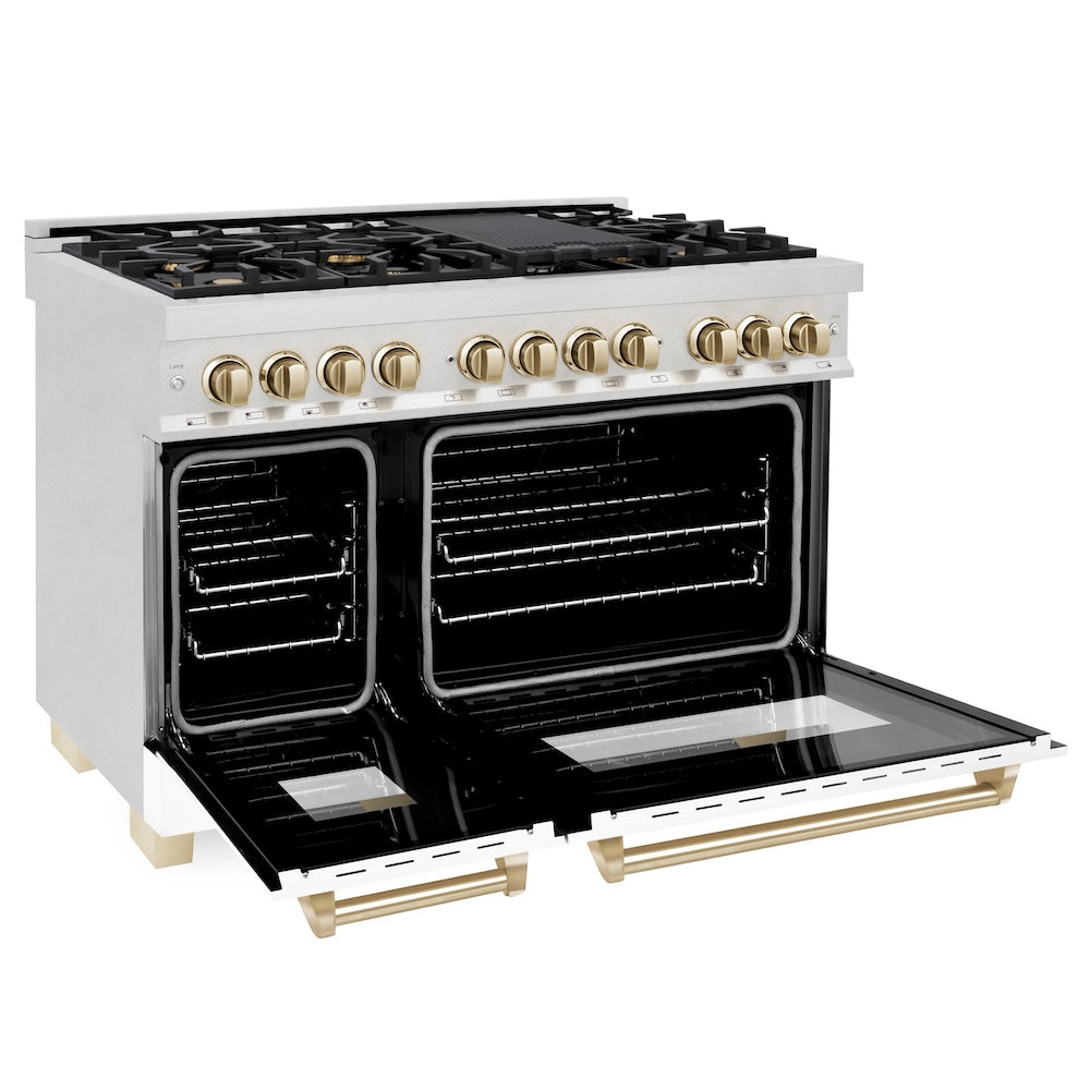 ZLINE Autograph Edition 48 in. 6.0 cu. ft. Legacy Dual Fuel Range with 7 Burner Gas Cooktop and 2 Electric Ovens in Satin Stainless Steel with White Matte Doors and Polished Gold Accents (RASZ-WM-48-G)