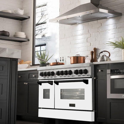ZLINE Autograph Edition 48 in. 6.0 cu. ft. Legacy Dual Fuel Range with 7 Burner Gas Cooktop and 2 Electric Ovens in Satin Stainless Steel with White Matte Doors and Matte Black Accents (RASZ-WM-48-MB)
