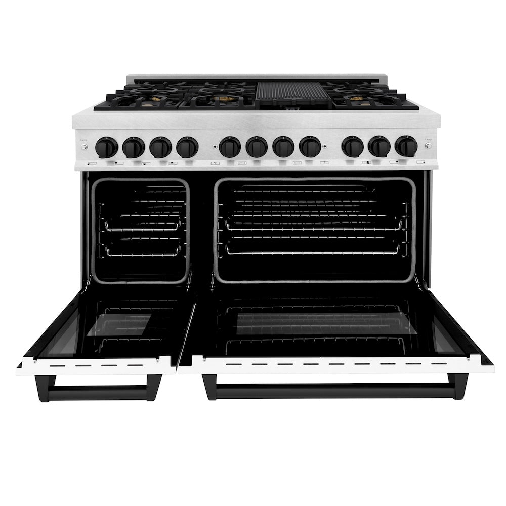 ZLINE Autograph Edition 48 in. 6.0 cu. ft. Legacy Dual Fuel Range with 7 Burner Gas Cooktop and 2 Electric Ovens in Satin Stainless Steel with White Matte Doors and Matte Black Accents (RASZ-WM-48-MB)