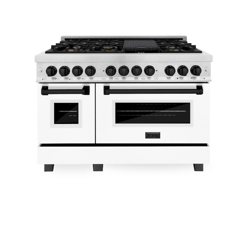 ZLINE Autograph Edition 48 in. 6.0 cu. ft. Legacy Dual Fuel Range with 7 Burner Gas Cooktop and 2 Electric Ovens in Satin Stainless Steel with White Matte Doors and Matte Black Accents (RASZ-WM-48-MB)