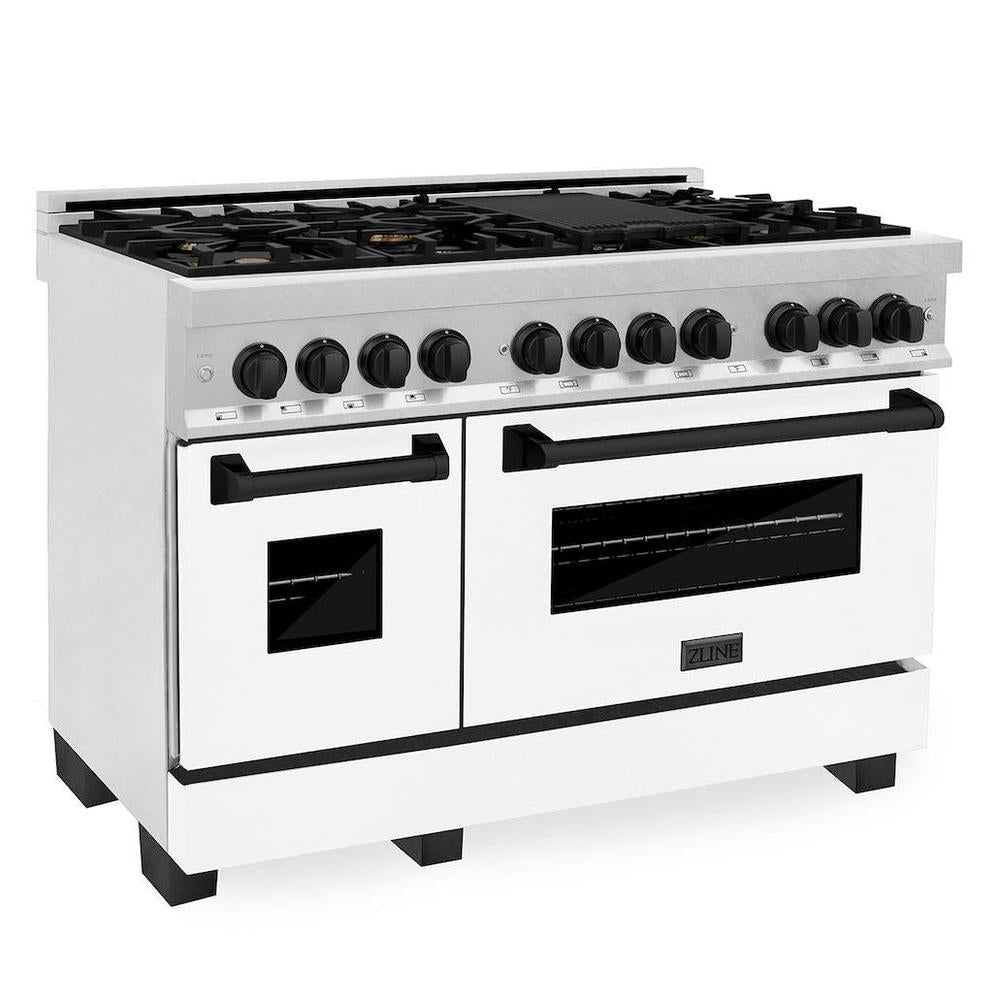 ZLINE Autograph Edition 48 in. 6.0 cu. ft. Legacy Dual Fuel Range with 7 Burner Gas Cooktop and 2 Electric Ovens in Satin Stainless Steel with White Matte Doors and Matte Black Accents (RASZ-WM-48-MB)