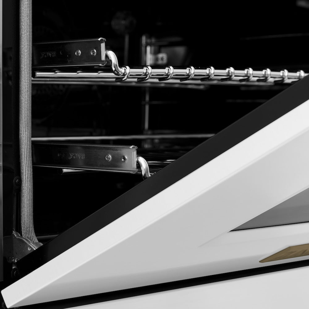 ZLINE Autograph Edition 60 in. 7.4 cu. ft. Legacy Dual Fuel Range with 9 Burner Gas Cooktop and 2 Electric Convection Ovens in Satin Stainless Steel with White Matte Doors and Champagne Bronze Accents (RASZ-WM-60-CB)
