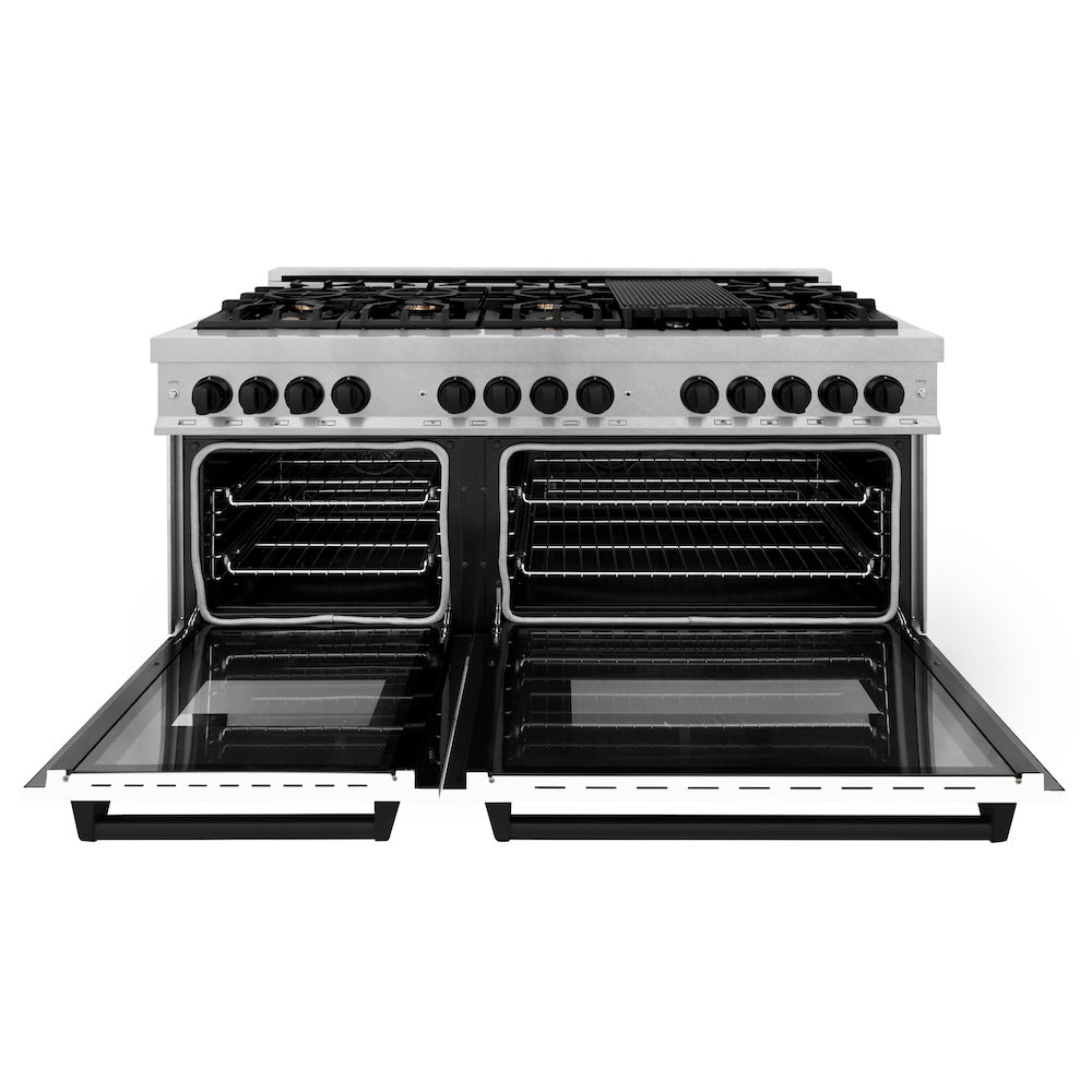 ZLINE Autograph Edition 60 in. 7.4 cu. ft. Legacy Dual Fuel Range with 9 Burner Gas Cooktop and 2 Electric Convection Ovens in Satin Stainless Steel with White Matte Doors and Matte Black Accents (RASZ-WM-60-MB)