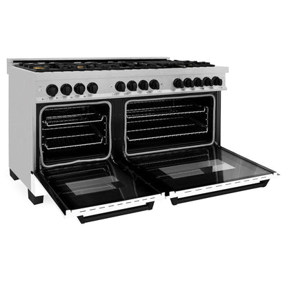 ZLINE Autograph Edition 60 in. 7.4 cu. ft. Legacy Dual Fuel Range with 9 Burner Gas Cooktop and 2 Electric Convection Ovens in Satin Stainless Steel with White Matte Doors and Matte Black Accents (RASZ-WM-60-MB)