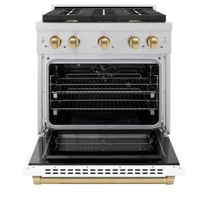 ZLINE Autograph Edition 30 in. 4.2 cu. ft. Paramount Dual Fuel Range with 4 Burner Gas Cooktop and Electric Convection Oven in Satin Stainless Steel with White Matte Door and Champagne Bronze Accents (SDRSZ-WM-30-CB)