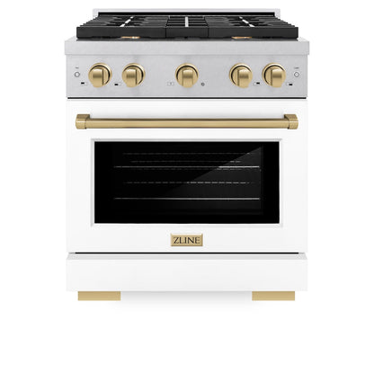 ZLINE Autograph Edition 30 in. 4.2 cu. ft. Paramount Dual Fuel Range with 4 Burner Gas Cooktop and Electric Convection Oven in Satin Stainless Steel with White Matte Door and Champagne Bronze Accents (SDRSZ-WM-30-CB)