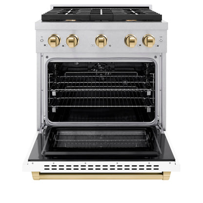 ZLINE Autograph Edition 30 in. 4.2 cu. ft. Paramount Dual Fuel Range with 4 Burner Gas Cooktop and Electric Convection Oven in Satin Stainless Steel with White Matte Door and Polished Gold Accents (SDRSZ-WM-30-G)