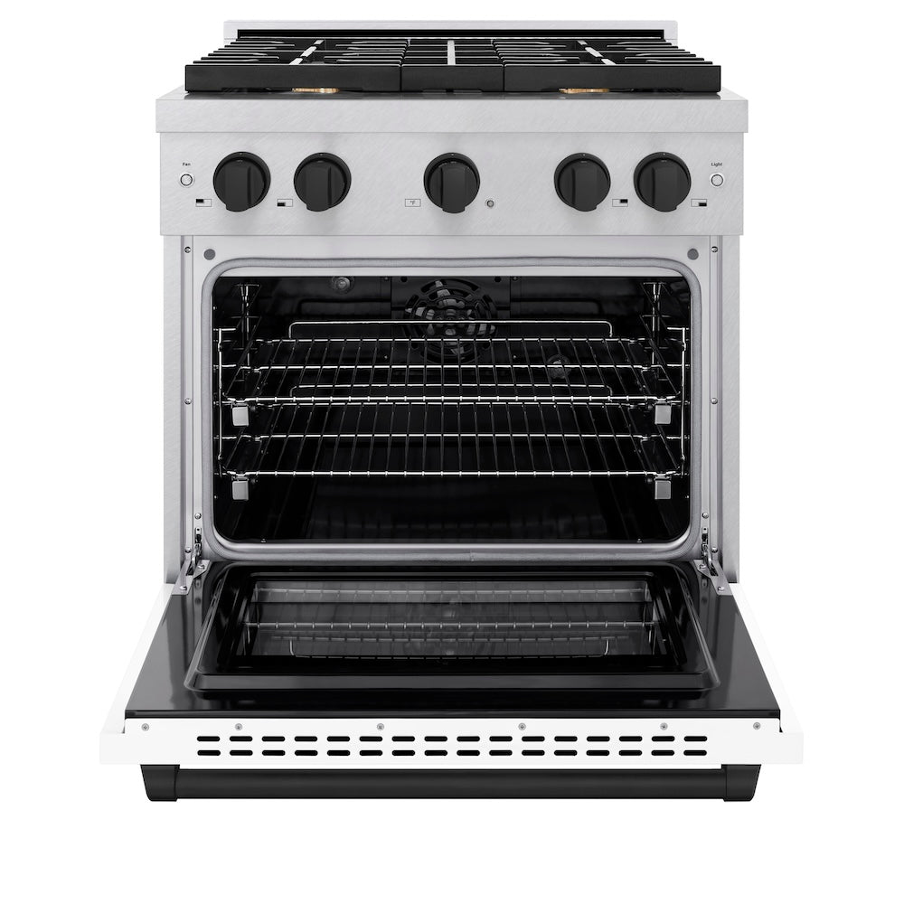 ZLINE Autograph Edition 30 in. 4.2 cu. ft. Paramount Dual Fuel Range with 4 Burner Gas Cooktop and Electric Convection Oven in Satin Stainless Steel with White Matte Door and Matte Black Accents (SDRSZ-WM-30-MB)
