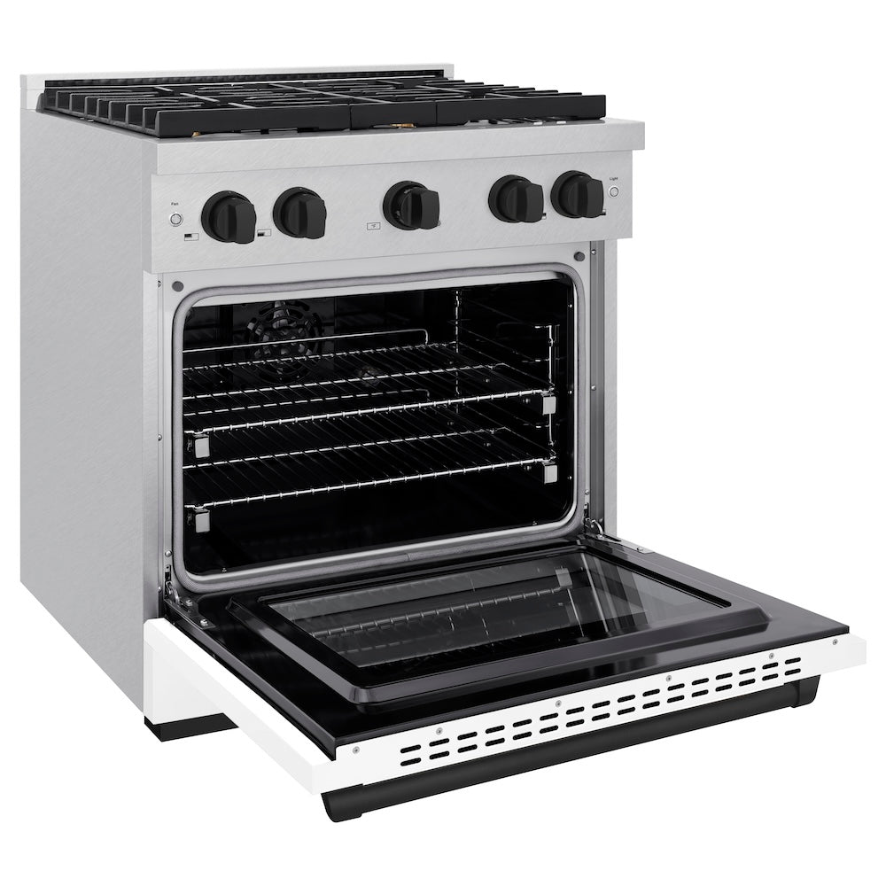 ZLINE Autograph Edition 30 in. 4.2 cu. ft. Paramount Dual Fuel Range with 4 Burner Gas Cooktop and Electric Convection Oven in Satin Stainless Steel with White Matte Door and Matte Black Accents (SDRSZ-WM-30-MB)