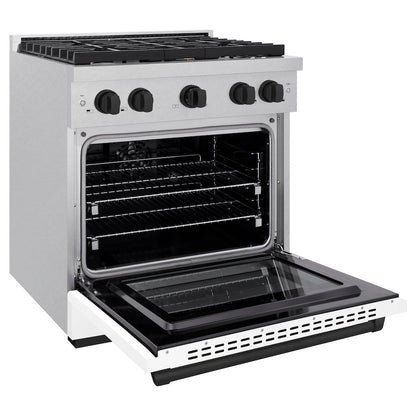ZLINE Autograph Edition 30 in. 4.2 cu. ft. Paramount Dual Fuel Range with 4 Burner Gas Cooktop and Electric Convection Oven in Satin Stainless Steel with White Matte Door and Matte Black Accents (SDRSZ-WM-30-MB)