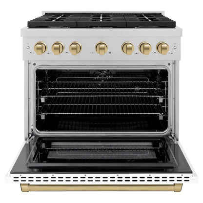 ZLINE Autograph Edition 36 in. 5.2 cu. ft. Paramount Dual Fuel Range with 6 Burner Gas Cooktop and Electric Convection Oven in Satin Stainless Steel with White Matte Door and Champagne Bronze Accents (SDRSZ-WM-36-CB)