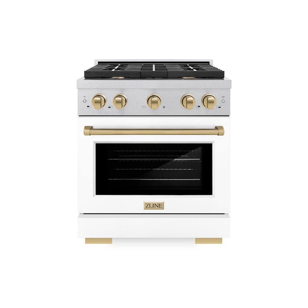 ZLINE Autograph Edition 30 in. 4.2 cu. ft. Paramount Gas Range with 4 Burner Cooktop and Convection Gas Oven in Satin Stainless Steel with White Matte Door and Champagne Bronze Accents (SGRSZ-WM-30-CB)