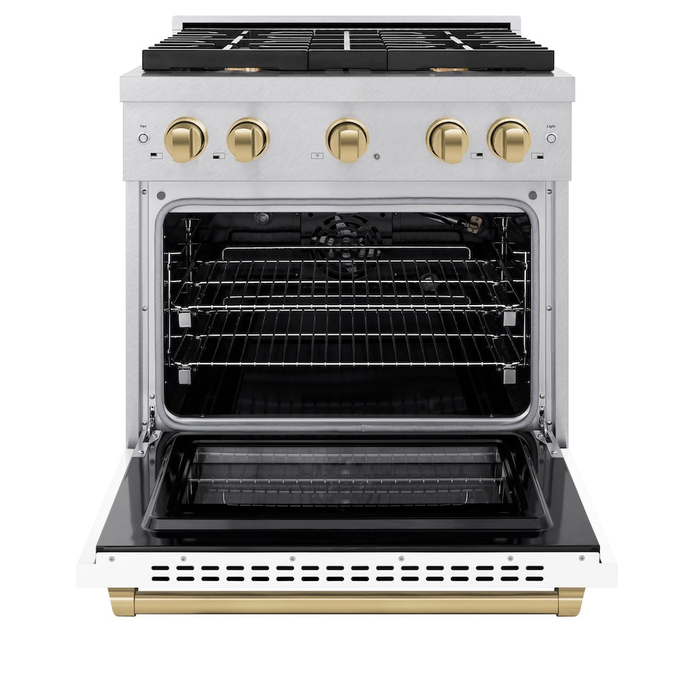 ZLINE Autograph Edition 30 in. 4.2 cu. ft. Paramount Gas Range with 4 Burner Cooktop and Convection Gas Oven in Satin Stainless Steel with White Matte Door and Champagne Bronze Accents (SGRSZ-WM-30-CB)