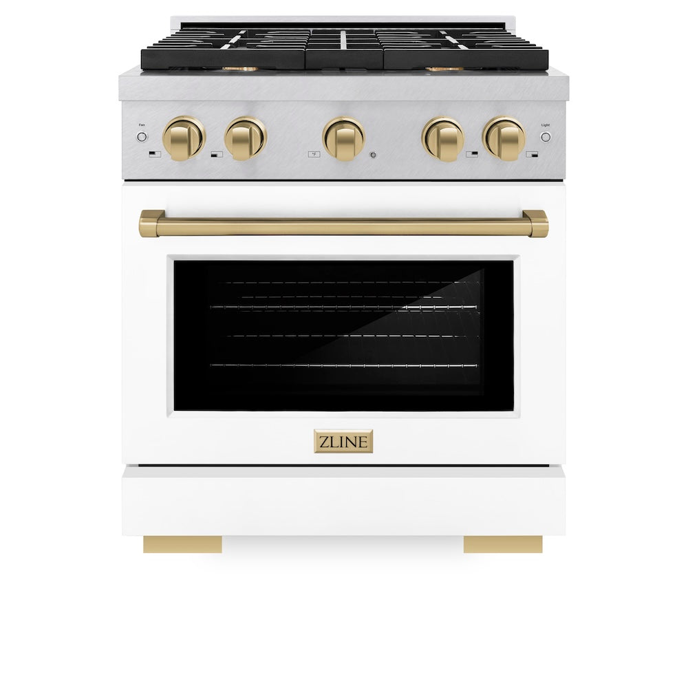 ZLINE Autograph Edition 30 in. 4.2 cu. ft. Paramount Gas Range with 4 Burner Cooktop and Convection Gas Oven in Satin Stainless Steel with White Matte Door and Champagne Bronze Accents (SGRSZ-WM-30-CB)