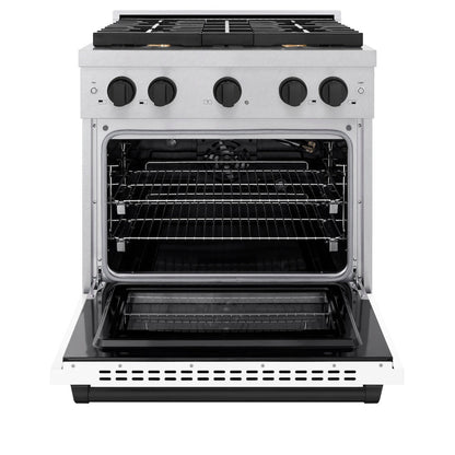 ZLINE Autograph Edition 30 in. 4.2 cu. ft. Paramount Gas Range with 4 Burner Cooktop and Convection Gas Oven in Satin Stainless Steel with White Matte Door and Matte Black Accents (SGRSZ-WM-30-MB)