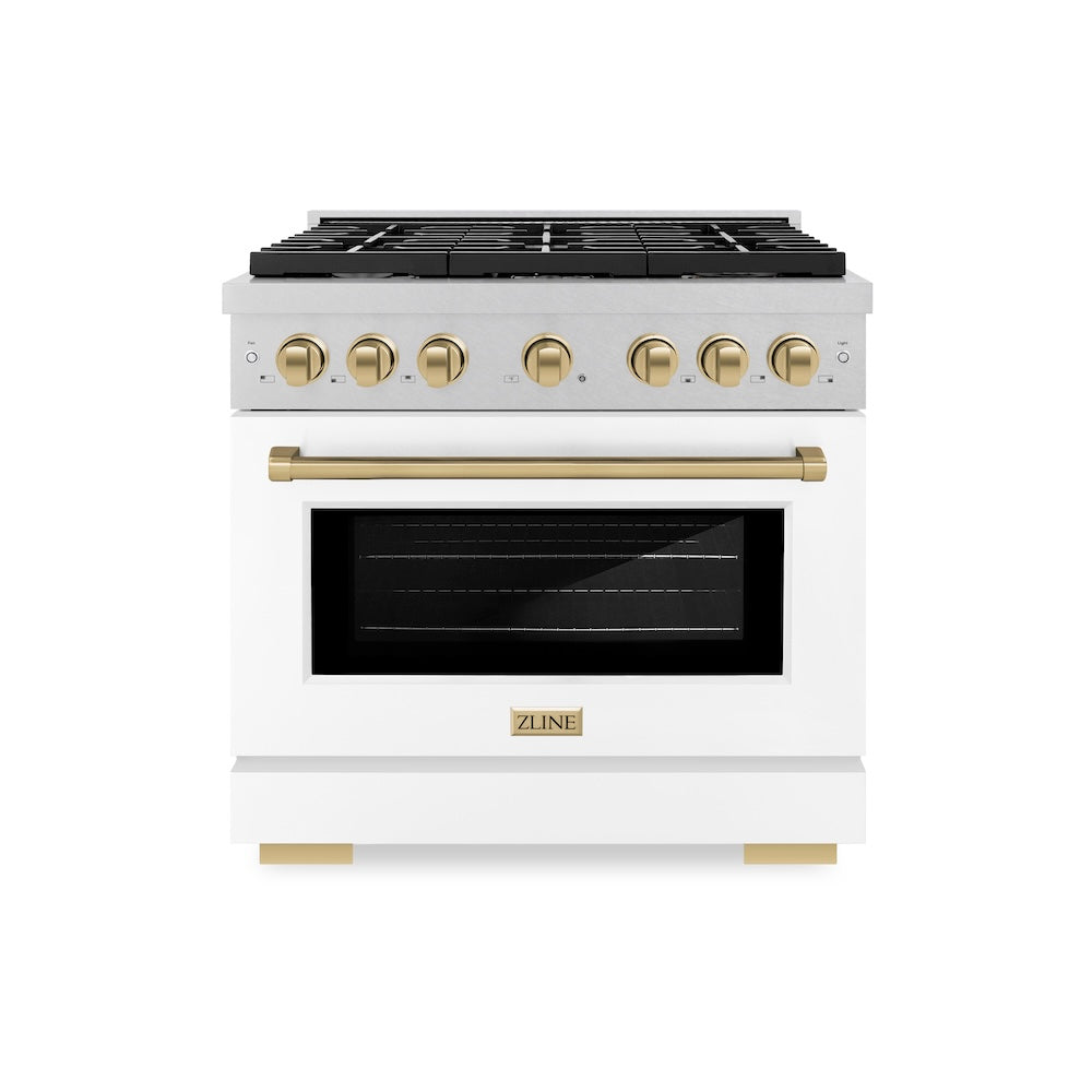 ZLINE Autograph Edition 36 in. 5.2 cu. ft. Paramount Gas Range with 6 Burner Cooktop and Convection Gas Oven in Satin Stainless Steel with White Matte Door and Champagne Bronze Accents (SGRSZ-WM-36-CB)