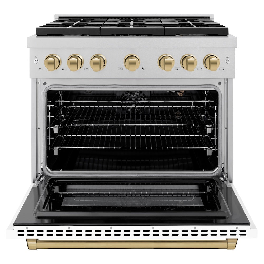 ZLINE Autograph Edition 36 in. 5.2 cu. ft. Paramount Gas Range with 6 Burner Cooktop and Convection Gas Oven in Satin Stainless Steel with White Matte Door and Champagne Bronze Accents (SGRSZ-WM-36-CB)
