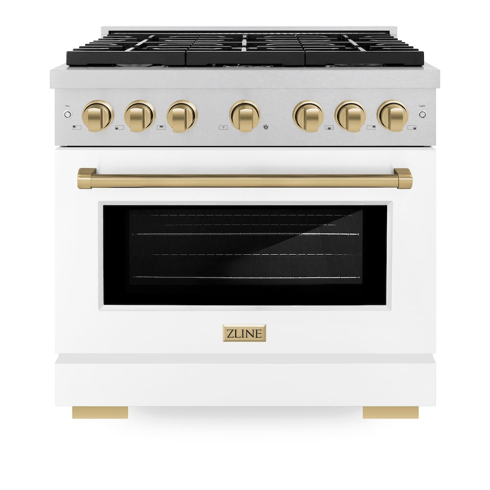 ZLINE Autograph Edition 36 in. 5.2 cu. ft. Paramount Gas Range with 6 Burner Cooktop and Convection Gas Oven in Satin Stainless Steel with White Matte Door and Champagne Bronze Accents (SGRSZ-WM-36-CB)