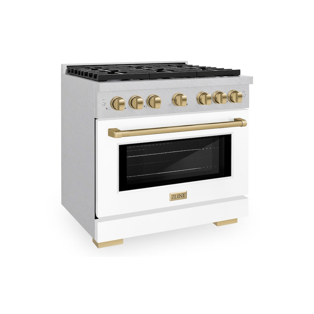 ZLINE Autograph Edition 36 in. 5.2 cu. ft. Paramount Gas Range with 6 Burner Cooktop and Convection Gas Oven in Satin Stainless Steel with White Matte Door and Champagne Bronze Accents (SGRSZ-WM-36-CB)