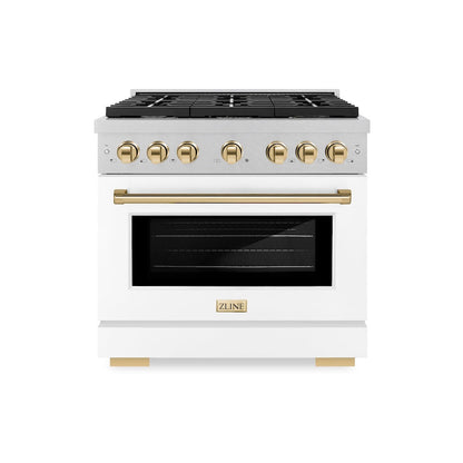 ZLINE Autograph Edition 36 in. 5.2 cu. ft. Paramount Gas Range with 6 Burner Cooktop and Convection Gas Oven in Satin Stainless Steel with White Matte Door and Polished Gold Accents (SGRSZ-WM-36-G)