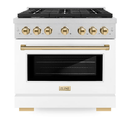 ZLINE Autograph Edition 36 in. 5.2 cu. ft. Paramount Gas Range with 6 Burner Cooktop and Convection Gas Oven in Satin Stainless Steel with White Matte Door and Polished Gold Accents (SGRSZ-WM-36-G)