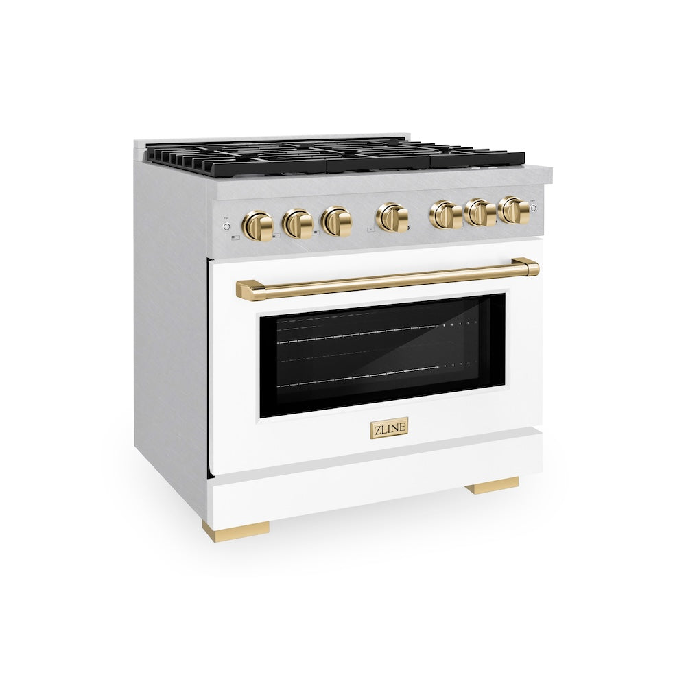 ZLINE Autograph Edition 36 in. 5.2 cu. ft. Paramount Gas Range with 6 Burner Cooktop and Convection Gas Oven in Satin Stainless Steel with White Matte Door and Polished Gold Accents (SGRSZ-WM-36-G)