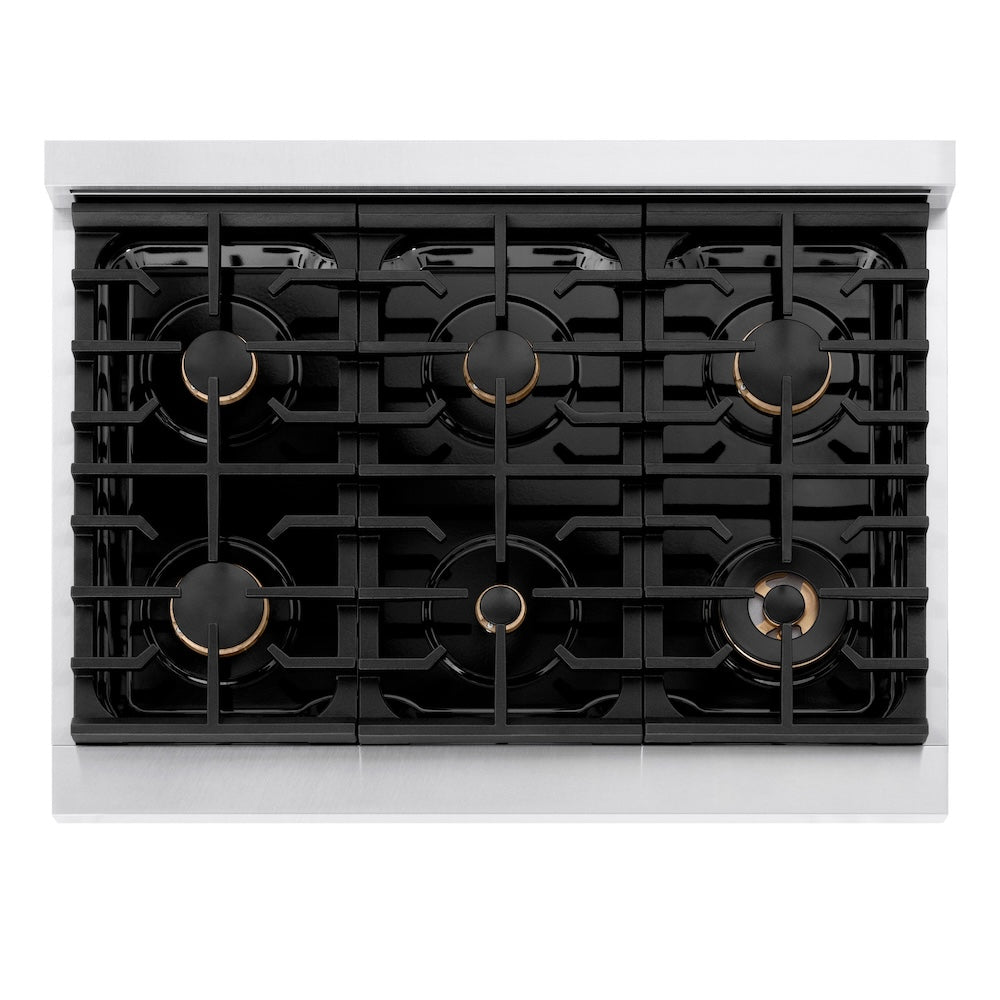 ZLINE Autograph Edition 36 in. 5.2 cu. ft. Paramount Gas Range with 6 Burner Cooktop and Convection Gas Oven in Satin Stainless Steel with White Matte Door and Polished Gold Accents (SGRSZ-WM-36-G)