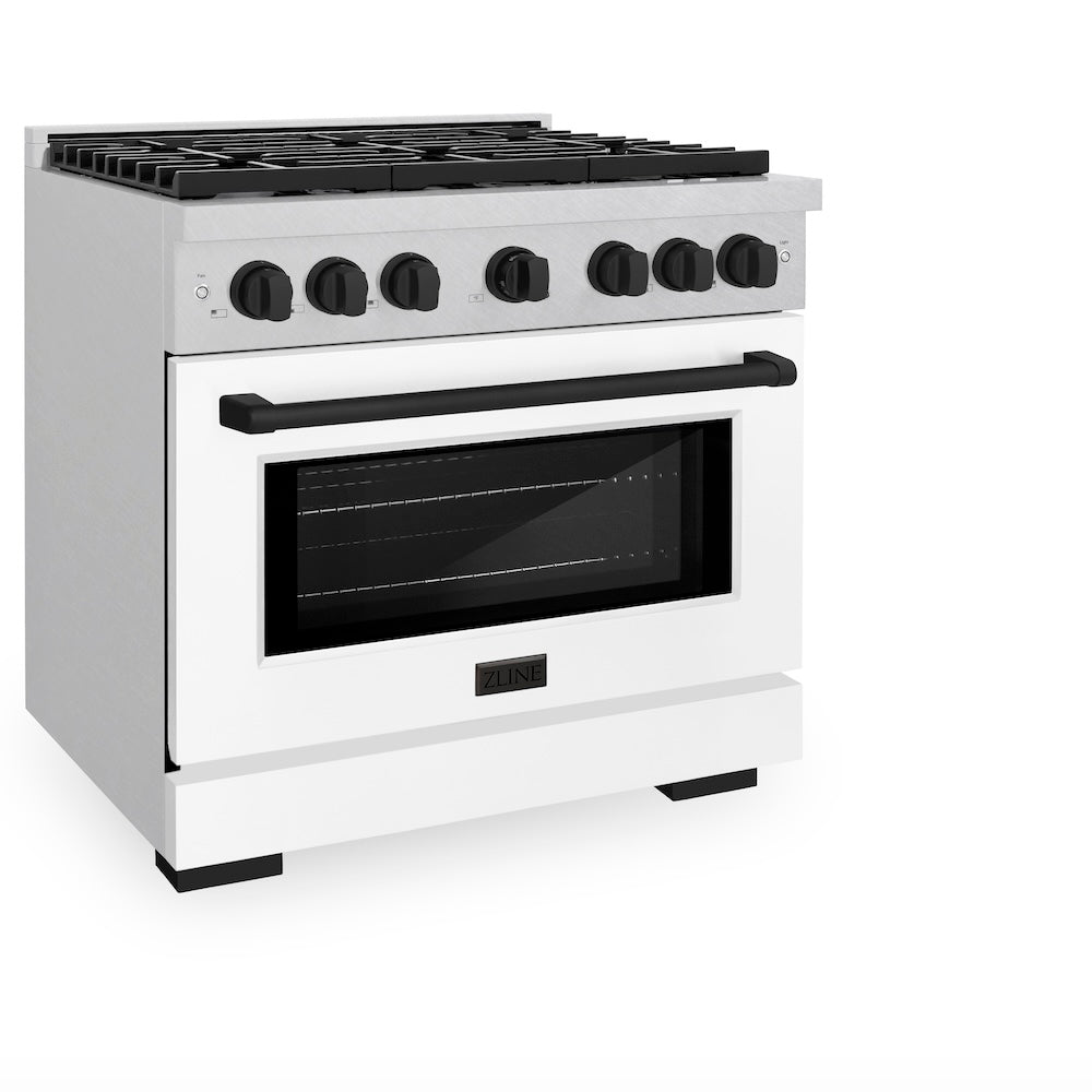 ZLINE Autograph Edition 36 in. 5.2 cu. ft. Paramount Gas Range with 6 Burner Cooktop and Convection Gas Oven in Satin Stainless Steel with White Matte Door and Matte Black Accents (SGRSZ-WM-36-MB)