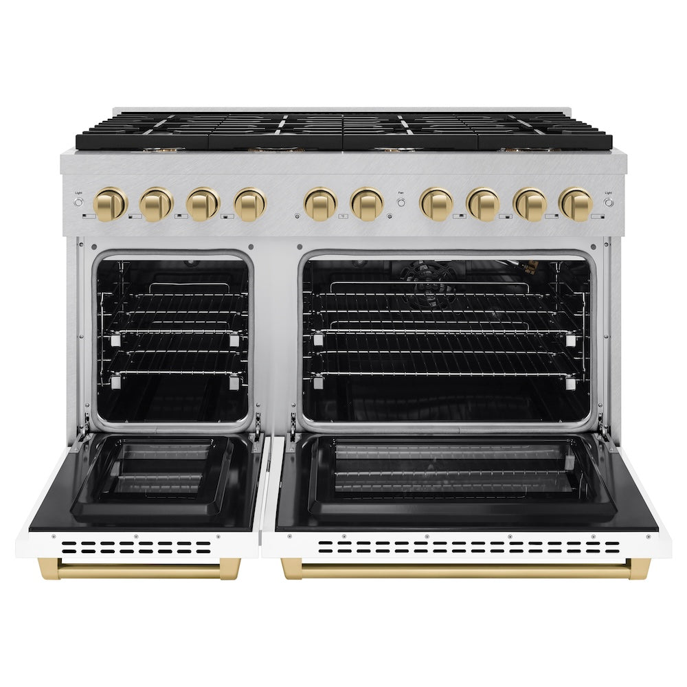 ZLINE Autograph Edition 48 in. 6.7 cu. ft. Paramount Double Oven Gas Range with 8 Burner Cooktop in Satin Stainless Steel with White Matte Doors and Champagne Bronze Accents (SGRSZ-WM-48-CB)