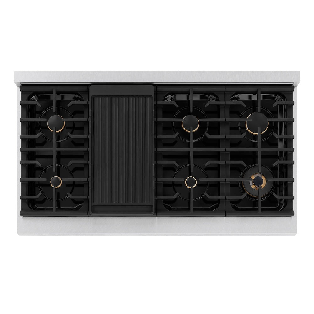 ZLINE Autograph Edition 48 in. 6.7 cu. ft. Paramount Double Oven Gas Range with 8 Burner Cooktop in Satin Stainless Steel with White Matte Doors and Polished Gold Accents (SGRSZ-WM-48-G)