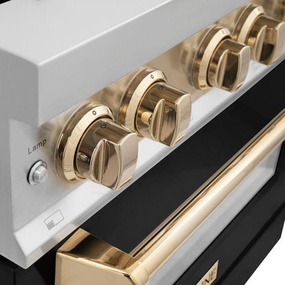 ZLINE Autograph Edition 36 in. 4.6 cu. ft. Legacy Dual Fuel Range with 6 Burner Gas Cooktop and Electric Convection Oven in Stainless Steel with Black Matte Door and Polished Gold Accents (RAZ-BLM-36-G)