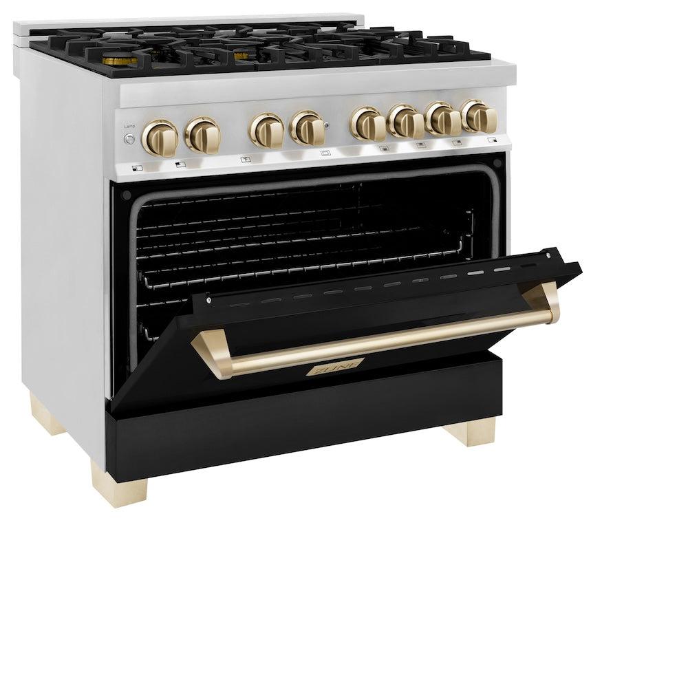 ZLINE Autograph Edition 36 in. 4.6 cu. ft. Legacy Dual Fuel Range with 6 Burner Gas Cooktop and Electric Convection Oven in Stainless Steel with Black Matte Door and Polished Gold Accents (RAZ-BLM-36-G)