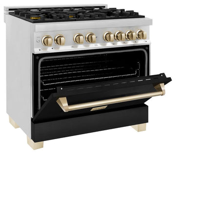 ZLINE Autograph Edition 36 in. 4.6 cu. ft. Legacy Dual Fuel Range with 6 Burner Gas Cooktop and Electric Convection Oven in Stainless Steel with Black Matte Door and Polished Gold Accents (RAZ-BLM-36-G)