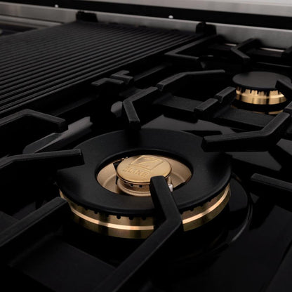 ZLINE Autograph Edition 48 in. 6.0 cu. ft. Legacy Dual Fuel Range with 7 Burner Gas Cooktop and 2 Electric Ovens in Stainless Steel with Black Matte Doors and Polished Gold Accents (RAZ-BLM-48-G)