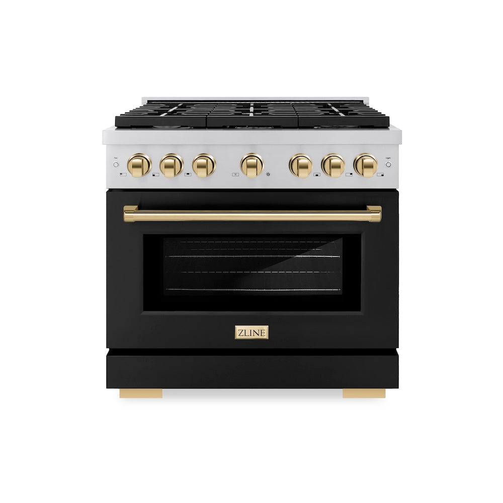 ZLINE Autograph Edition 36 in. 5.2 cu. ft. Paramount Gas Range with 6 Burner Cooktop and Convection Gas Oven in Stainless Steel with Black Matte Door and Polished Gold Accents (SGRZ-BLM-36-G)