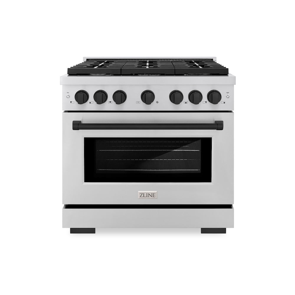 ZLINE Autograph Edition 36 in. 5.2 cu. ft. Paramount Gas Range with 6 Burner Cooktop and Convection Gas Oven in Stainless Steel and Matte Black Accents (SGRZ-36-MB)