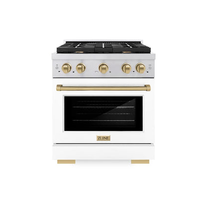ZLINE Autograph Edition 30 in. 4.2 cu. ft. Paramount Dual Fuel Range with 4 Burner Gas Cooktop and Electric Convection Oven in Stainless Steel with White Matte Door and Champagne Bronze Accents (SDRZ-WM-30-CB)