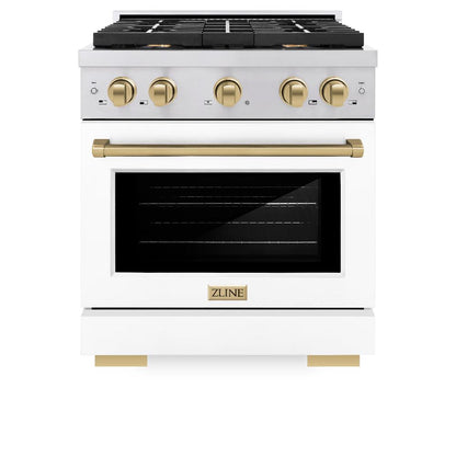 ZLINE Autograph Edition 30 in. 4.2 cu. ft. Paramount Dual Fuel Range with 4 Burner Gas Cooktop and Electric Convection Oven in Stainless Steel with White Matte Door and Champagne Bronze Accents (SDRZ-WM-30-CB)