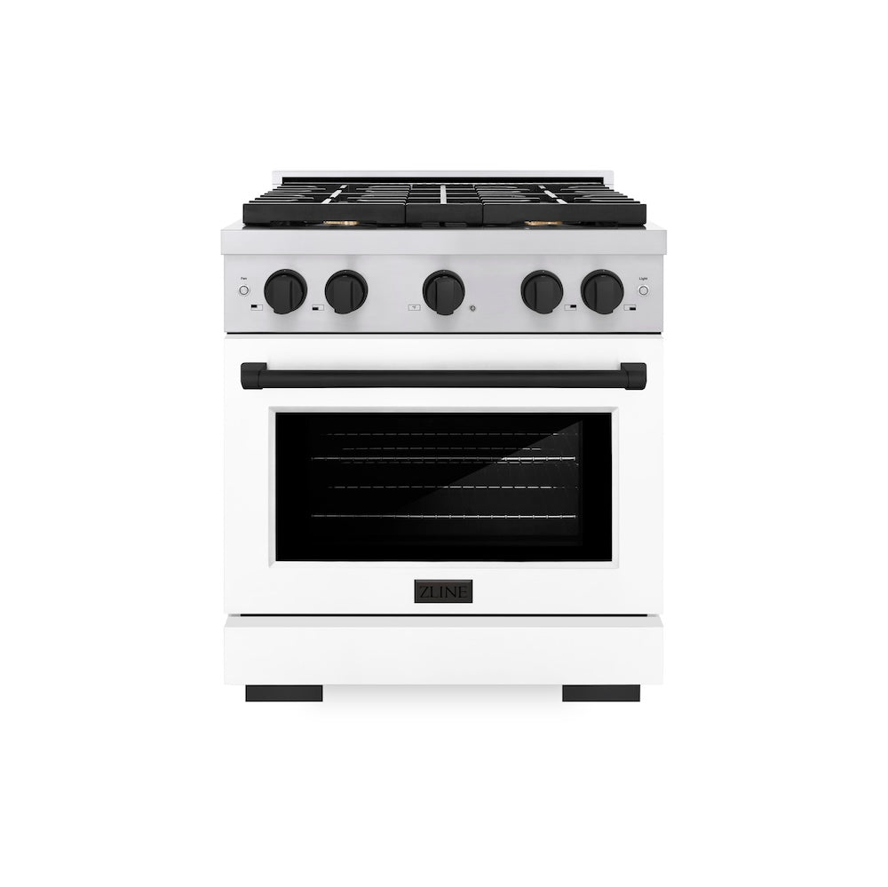 ZLINE Autograph Edition 30 in. 4.2 cu. ft. Paramount Gas Range with 4 Burner Cooktop and Convection Gas Oven in Stainless Steel with White Matte Door and Matte Black Accents (SGRZ-WM-30-MB)