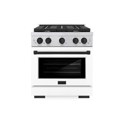 ZLINE Autograph Edition 30 in. 4.2 cu. ft. Paramount Gas Range with 4 Burner Cooktop and Convection Gas Oven in Stainless Steel with White Matte Door and Matte Black Accents (SGRZ-WM-30-MB)